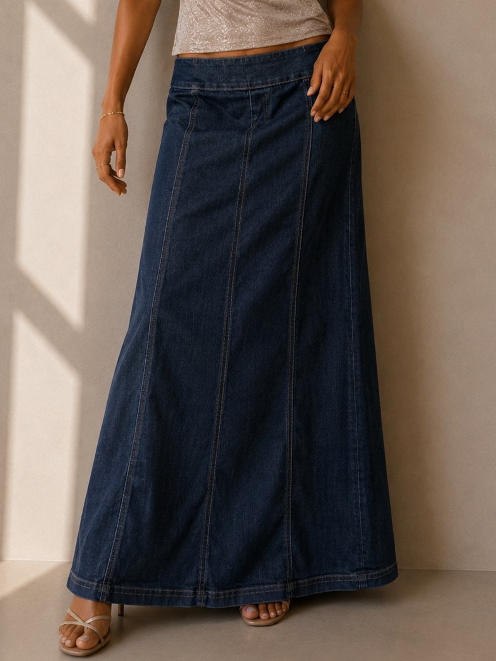 Y2K Contrast Denim Maxi Skirt